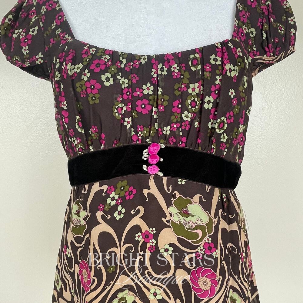 Rare Vintage Silk Floral Top ASO Rory Gilmore Girls Brown Pink Blouse Cap Sleeve - Picture 8 of 11